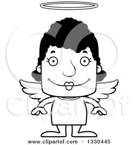 Lineart Clipart of a Cartoon Black and White Happy Block Headed Black Woman Angel - Royalty Free Outline Vector Illustration by Cory Thoman