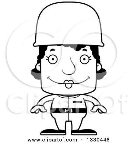 Lineart Clipart of a Cartoon Black and White Happy Block Headed Black Woman Soldier - Royalty Free Outline Vector Illustration by Cory Thoman