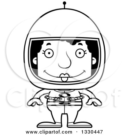Lineart Clipart of a Cartoon Black and White Happy Block Headed Black Woman Astronaut - Royalty Free Outline Vector Illustration by Cory Thoman