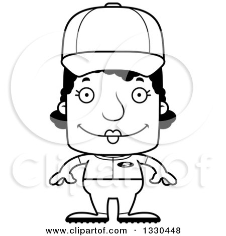 Lineart Clipart of a Cartoon Black and White Happy Block Headed Black Woman Baseball Player - Royalty Free Outline Vector Illustration by Cory Thoman