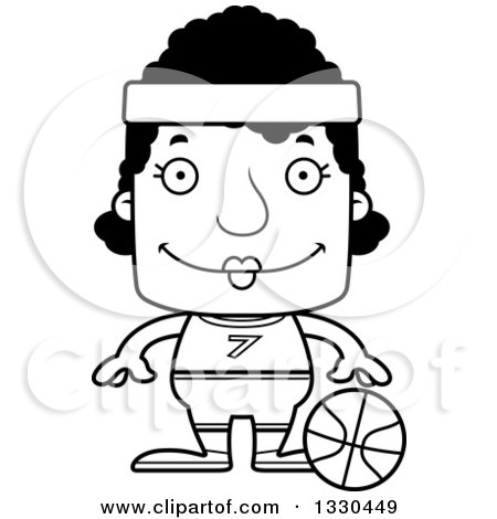 Lineart Clipart of a Cartoon Black and White Happy Block Headed Black Woman Basketball Player - Royalty Free Outline Vector Illustration by Cory Thoman