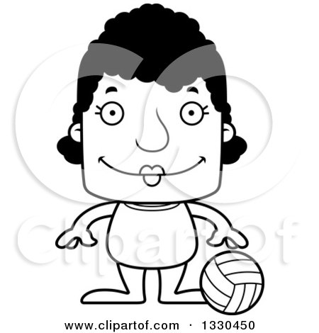 Lineart Clipart of a Cartoon Black and White Happy Block Headed Black Woman Beach Volleyball Player - Royalty Free Outline Vector Illustration by Cory Thoman