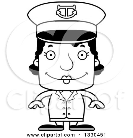Lineart Clipart of a Cartoon Black and White Happy Block Headed Black Woman Boat Captain - Royalty Free Outline Vector Illustration by Cory Thoman