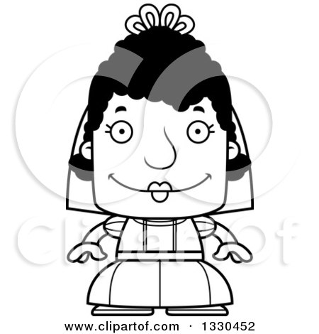 Lineart Clipart of a Cartoon Black and White Happy Block Headed Black Woman Bride - Royalty Free Outline Vector Illustration by Cory Thoman