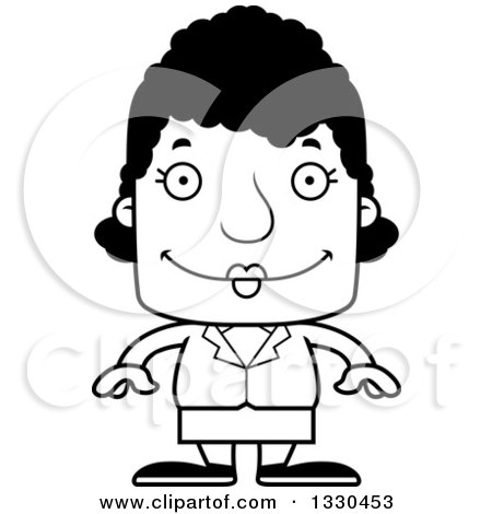 Lineart Clipart of a Cartoon Black and White Happy Block Headed Black Woman - Royalty Free Outline Vector Illustration by Cory Thoman
