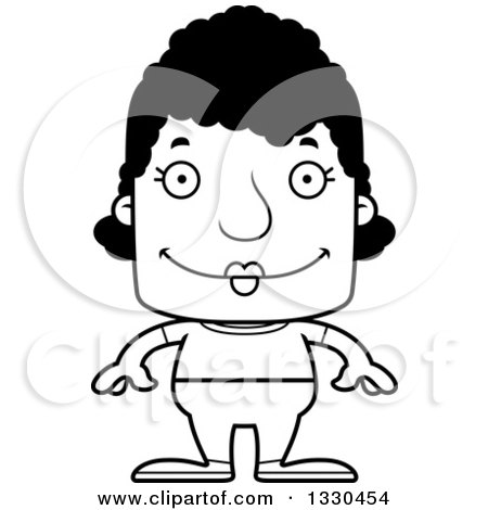 Lineart Clipart of a Cartoon Black and White Happy Block Headed Black Casual Woman - Royalty Free Outline Vector Illustration by Cory Thoman