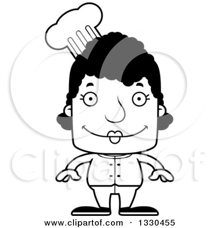 Lineart Clipart of a Cartoon Black and White Happy Block Headed Black Woman Chef - Royalty Free Outline Vector Illustration by Cory Thoman