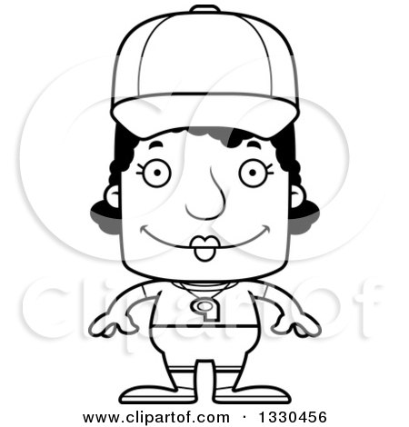Lineart Clipart of a Cartoon Black and White Happy Block Headed Black Woman Sports Coach - Royalty Free Outline Vector Illustration by Cory Thoman