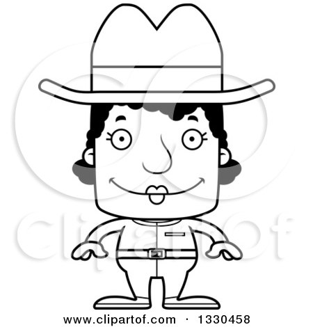 Lineart Clipart of a Cartoon Black and White Happy Block Headed Black Woman Cowboy - Royalty Free Outline Vector Illustration by Cory Thoman