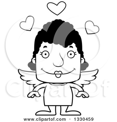 Lineart Clipart of a Cartoon Black and White Happy Block Headed Black Woman Cupid - Royalty Free Outline Vector Illustration by Cory Thoman