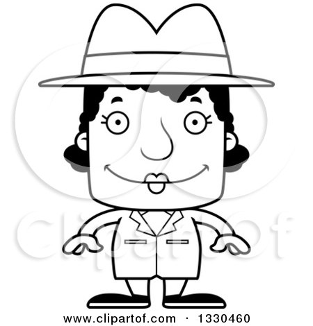 Lineart Clipart of a Cartoon Black and White Happy Block Headed Black Woman Detective - Royalty Free Outline Vector Illustration by Cory Thoman