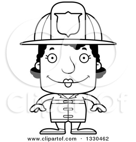 Lineart Clipart of a Cartoon Black and White Happy Block Headed Black Woman Firefighter - Royalty Free Outline Vector Illustration by Cory Thoman