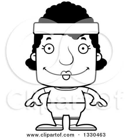 Lineart Clipart of a Cartoon Black and White Happy Block Headed Black Fitness Woman - Royalty Free Outline Vector Illustration by Cory Thoman
