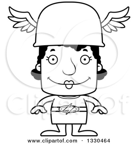 Lineart Clipart of a Cartoon Black and White Happy Block Headed Black Woman Hermes - Royalty Free Outline Vector Illustration by Cory Thoman