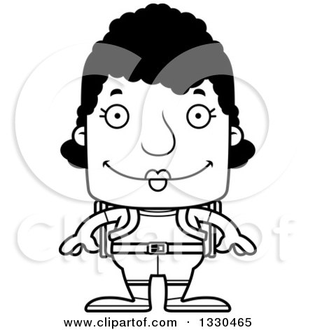 Lineart Clipart of a Cartoon Black and White Happy Block Headed Black Woman Hiker - Royalty Free Outline Vector Illustration by Cory Thoman