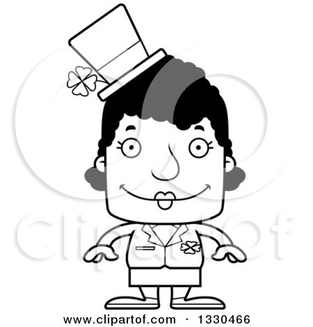 Lineart Clipart of a Cartoon Black and White Happy Block Headed Black St Patricks Day Woman - Royalty Free Outline Vector Illustration by Cory Thoman