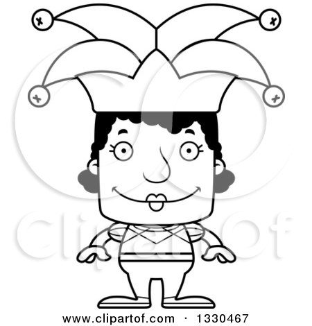 Lineart Clipart of a Cartoon Black and White Happy Block Headed Black Woman Jester - Royalty Free Outline Vector Illustration by Cory Thoman