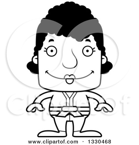 Lineart Clipart of a Cartoon Black and White Happy Block Headed Black Karate Woman - Royalty Free Outline Vector Illustration by Cory Thoman