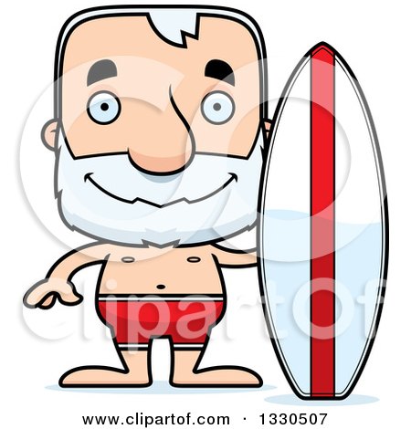 Clipart of a Cartoon Happy Block Headed White Senior Man Surfer - Royalty Free Vector Illustration by Cory Thoman