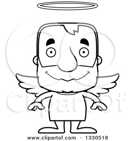 Lineart Clipart of a Cartoon Black and White Happy Block Headed White Senior Man Angel - Royalty Free Outline Vector Illustration by Cory Thoman