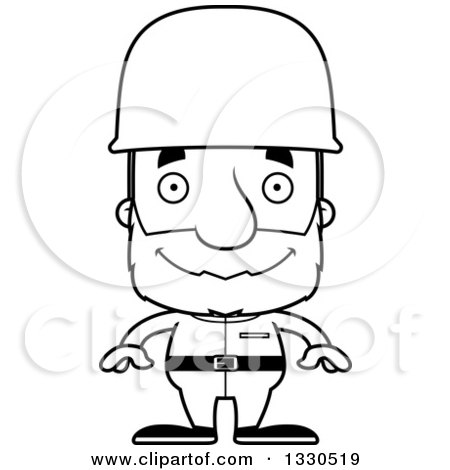 Lineart Clipart of a Cartoon Black and White Happy Block Headed White Senior Man Soldier - Royalty Free Outline Vector Illustration by Cory Thoman