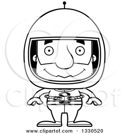Lineart Clipart of a Cartoon Black and White Happy Block Headed White Senior Man Astronaut - Royalty Free Outline Vector Illustration by Cory Thoman