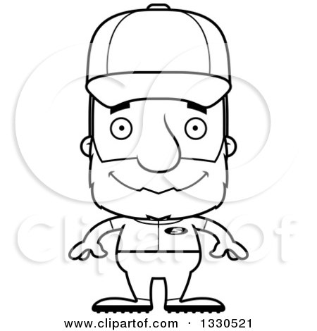 Lineart Clipart of a Cartoon Black and White Mad Block Headed White Senior Man Baseball Player - Royalty Free Outline Vector Illustration by Cory Thoman