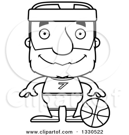 Lineart Clipart of a Cartoon Black and White Happy Block Headed White Senior Man Basketball Player - Royalty Free Outline Vector Illustration by Cory Thoman