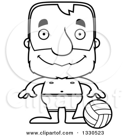 Lineart Clipart of a Cartoon Black and White Happy Block Headed White Senior Man Beach Volleyball Player - Royalty Free Outline Vector Illustration by Cory Thoman