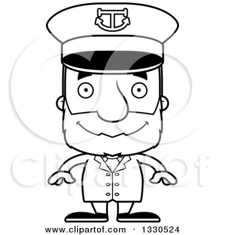 Lineart Clipart of a Cartoon Black and White Happy Block Headed White Senior Man Boat Captain - Royalty Free Outline Vector Illustration by Cory Thoman
