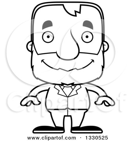 Lineart Clipart of a Cartoon Black and White Happy Block Headed White Senior Business Man - Royalty Free Outline Vector Illustration by Cory Thoman