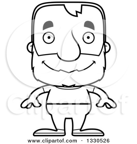 Lineart Clipart of a Cartoon Black and White Happy Block Headed White Senior Casual Man - Royalty Free Outline Vector Illustration by Cory Thoman