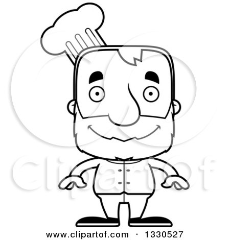 Lineart Clipart of a Cartoon Black and White Happy Block Headed White Senior Man Chef - Royalty Free Outline Vector Illustration by Cory Thoman
