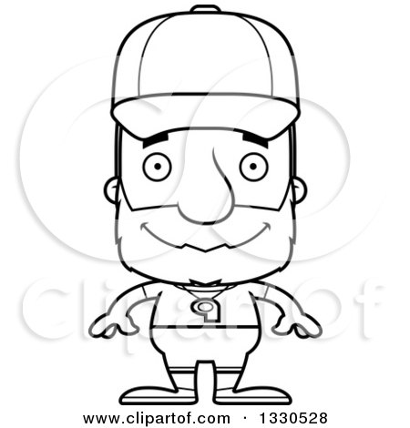 Lineart Clipart of a Cartoon Black and White Happy Block Headed White Senior Man Sports Coach - Royalty Free Outline Vector Illustration by Cory Thoman