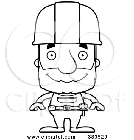 Lineart Clipart of a Cartoon Black and White Happy Block Headed White Senior Man Construction Worker - Royalty Free Outline Vector Illustration by Cory Thoman