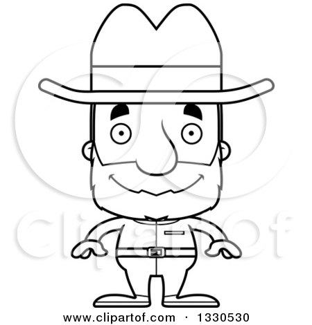 Lineart Clipart of a Cartoon Black and White Happy Block Headed White Senior Man Cowboy - Royalty Free Outline Vector Illustration by Cory Thoman