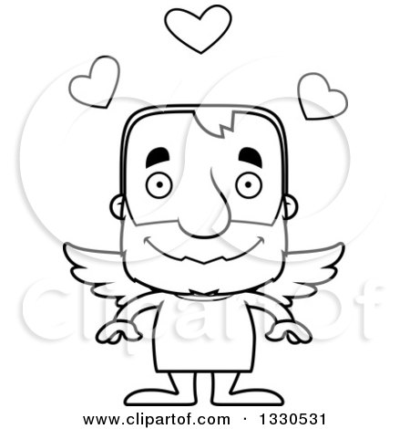 Lineart Clipart of a Cartoon Black and White Happy Block Headed White Senior Man Cupid - Royalty Free Outline Vector Illustration by Cory Thoman