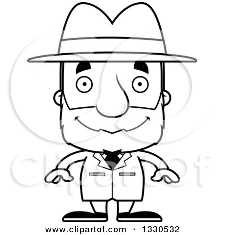 Lineart Clipart of a Cartoon Black and White Happy Block Headed White Senior Man Detective - Royalty Free Outline Vector Illustration by Cory Thoman