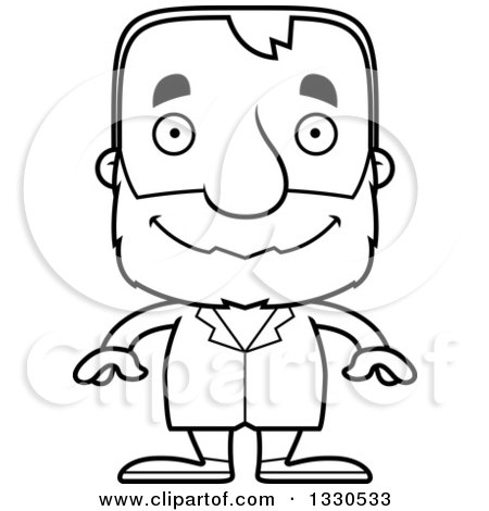Lineart Clipart of a Cartoon Black and White Happy Block Headed White Senior Man Doctor - Royalty Free Outline Vector Illustration by Cory Thoman