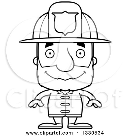 Lineart Clipart of a Cartoon Black and White Happy Block Headed White Senior Man Firefighter - Royalty Free Outline Vector Illustration by Cory Thoman
