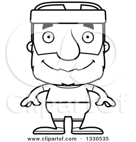 Lineart Clipart of a Cartoon Black and White Happy Block Headed White Fit Senior Man - Royalty Free Outline Vector Illustration by Cory Thoman