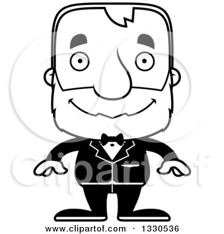 Lineart Clipart of a Cartoon Black and White Happy Block Headed White Senior Man Groom - Royalty Free Outline Vector Illustration by Cory Thoman