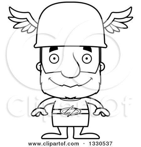 Lineart Clipart of a Cartoon Black and White Happy Block Headed White Senior Man Hermes - Royalty Free Outline Vector Illustration by Cory Thoman