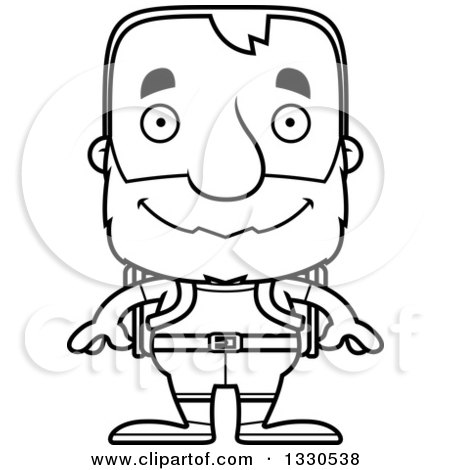 Lineart Clipart of a Cartoon Black and White Happy Block Headed White Senior Man Hiker - Royalty Free Outline Vector Illustration by Cory Thoman