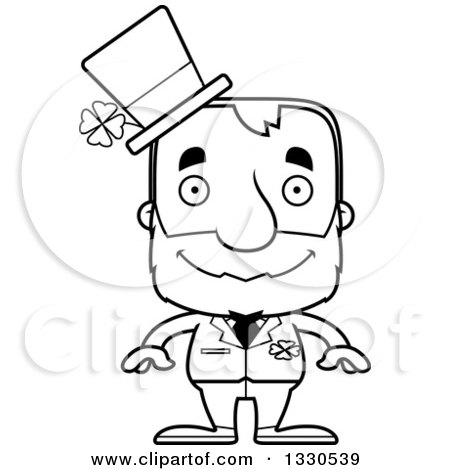 Lineart Clipart of a Cartoon Black and White Happy Block Headed White Senior Irish St Patricks Day Man - Royalty Free Outline Vector Illustration by Cory Thoman