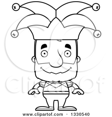 Lineart Clipart of a Cartoon Black and White Happy Block Headed White Senior Man Jester - Royalty Free Outline Vector Illustration by Cory Thoman