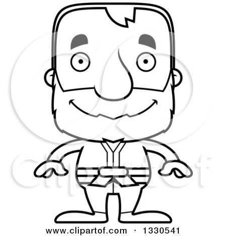 Lineart Clipart of a Cartoon Black and White Happy Block Headed White Senior Karate Man - Royalty Free Outline Vector Illustration by Cory Thoman