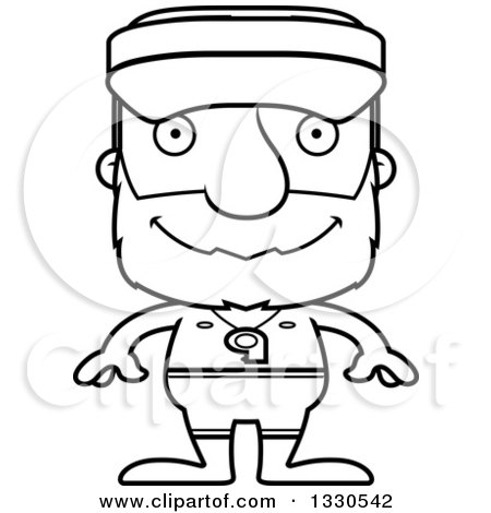 Lineart Clipart of a Cartoon Black and White Happy Block Headed White Senior Man Lifeguard - Royalty Free Outline Vector Illustration by Cory Thoman