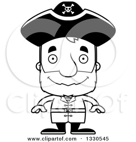 Lineart Clipart of a Cartoon Black and White Happy Block Headed White Senior Man Pirate - Royalty Free Outline Vector Illustration by Cory Thoman
