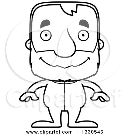 Lineart Clipart of a Cartoon Black and White Happy Block Headed White Senior Man in Pjs - Royalty Free Outline Vector Illustration by Cory Thoman